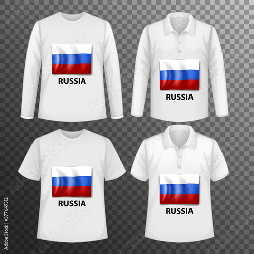 Set of different male shirts with Russia flag screen on shirts isolated