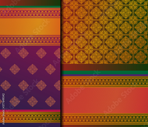 Indian Pattu Sari Vector pattern set. Traditional handmade Indian silk sari /saree with golden details, woman wear on festival, ceremony, and weddings.