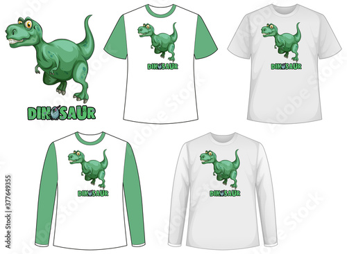 Set of different types of shirt in dinosaur theme with dinosaur logo