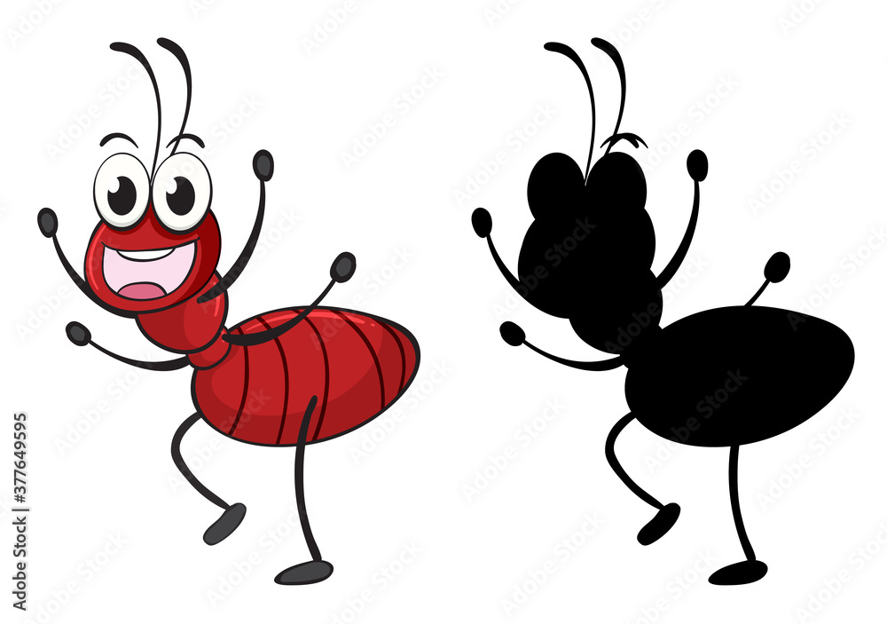 Fototapeta premium Set of insect cartoon character and its silhouette on white background
