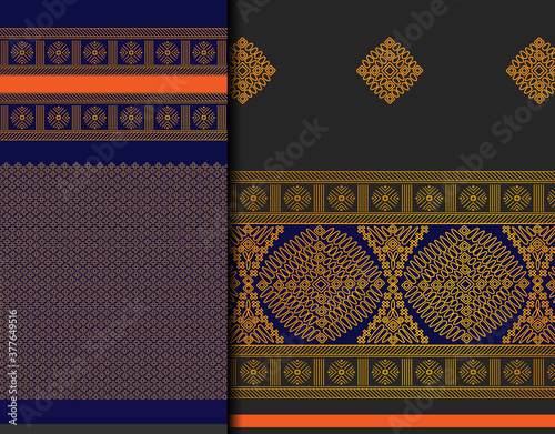 Indian Pattu Sari Vector pattern set. Traditional handmade Indian silk sari /saree with golden details, woman wear on festival, ceremony, and weddings.