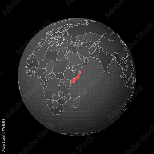 Dark globe centered to Somalia. Country highlighted with red color on world map. Satellite world projection. Cool vector illustration.