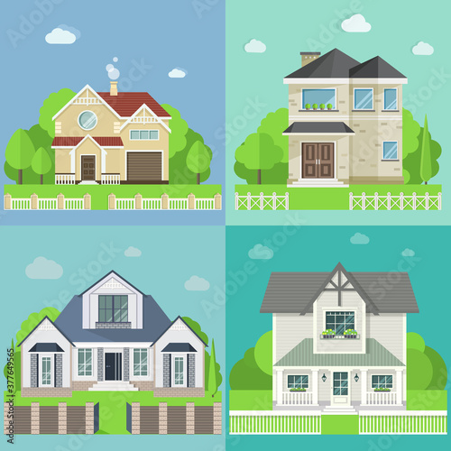 set of four cute houses with trees. Vector flat illustrations © Инна Харламова