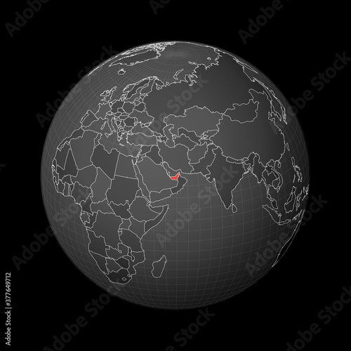 Dark globe centered on UAE. Country highlighted with red color on world map. Satellite world projection. Astonishing vector illustration.