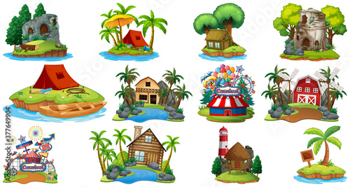 Set of different bangalows and island beach theme and amusement park isolated...