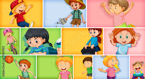 Set of different kid characters on different color background