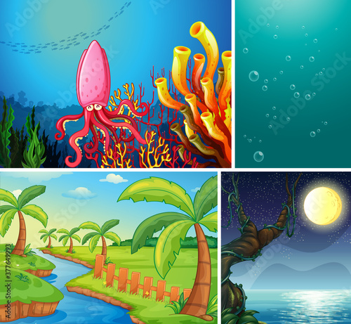 Four different scene of tropical beach and underwater with sea creater cartoo...