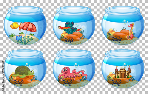 Set of different aquarium tanks isolated on transparent background