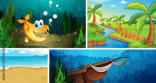 Four different scene of tropical beach and underwater with sea creater cartoon style photo