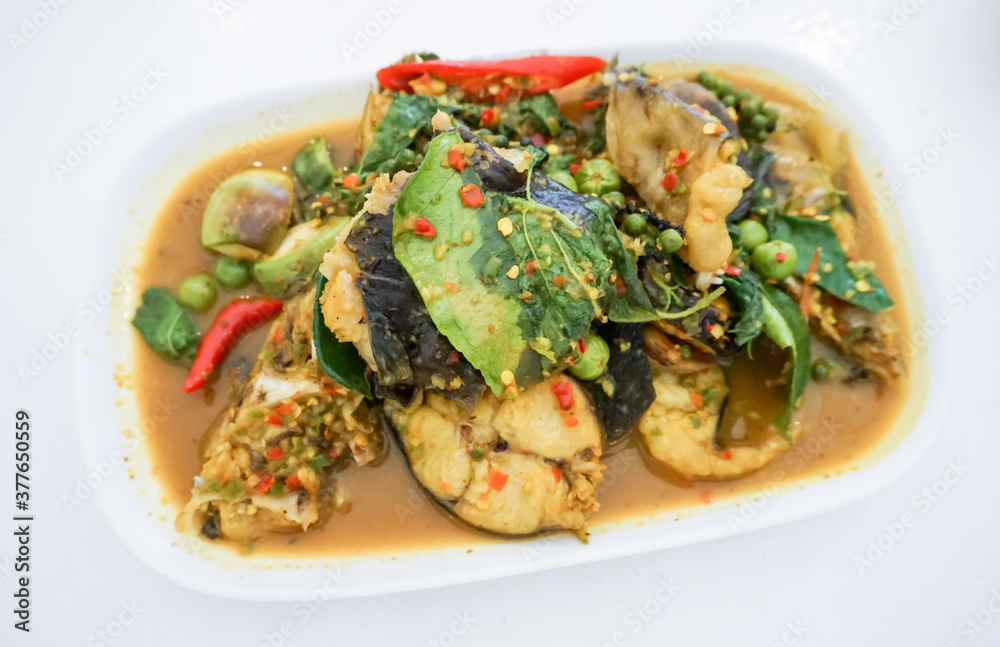 Stir fried catfish with curry, Thai spicy food