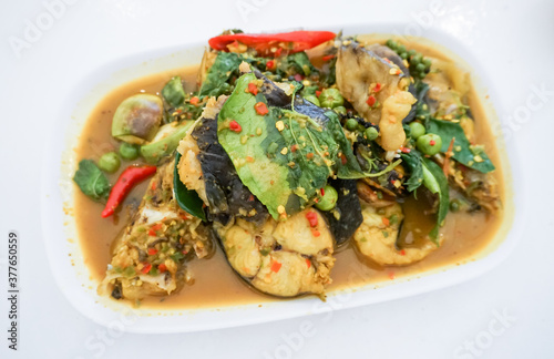 Stir fried catfish with curry, Thai spicy food