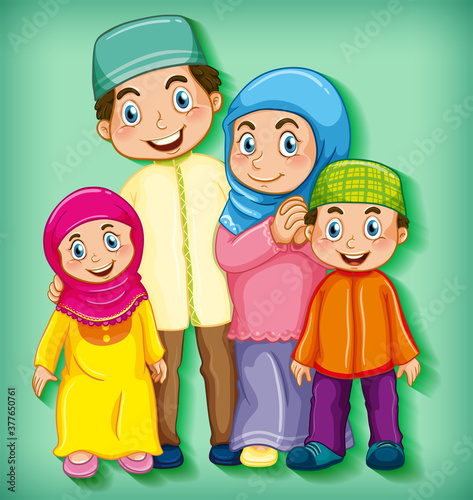 Muslim family member on cartoon character colour gradient background
