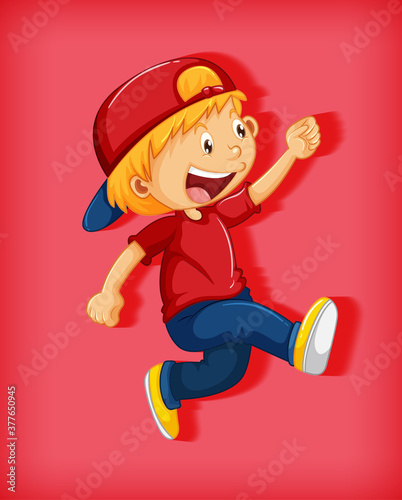Cute boy wearing red cap with stranglehold in walking position cartoon character isolated on red background