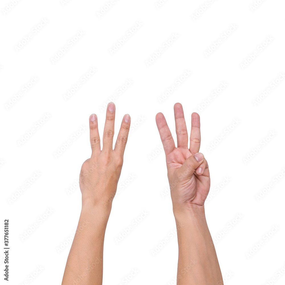 A white male hand gesture showing a finger count on a white background. clipping path. A white male hand gesture showing a finger count on a white background. clipping path.