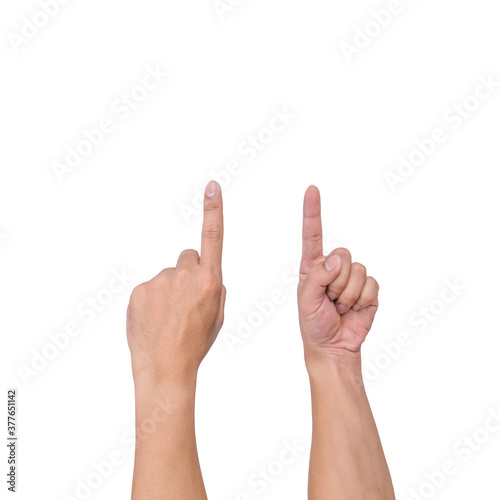 A white male hand gesture showing a finger count on a white background. clipping path.