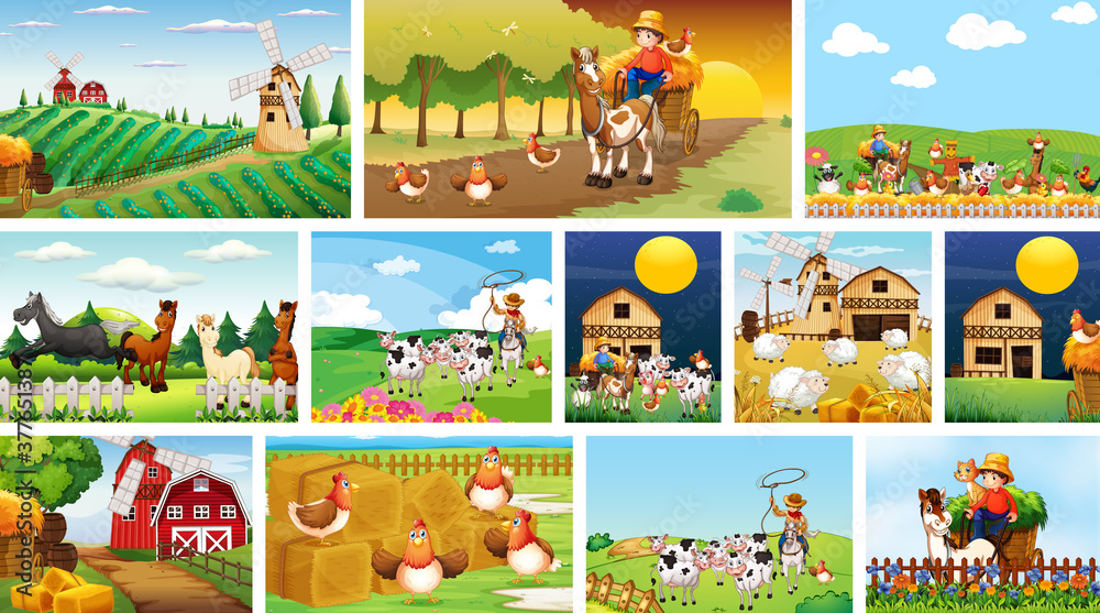 Set of different farm scenes with animal farm cartoon style Set of different farm scenes with animal farm cartoon style