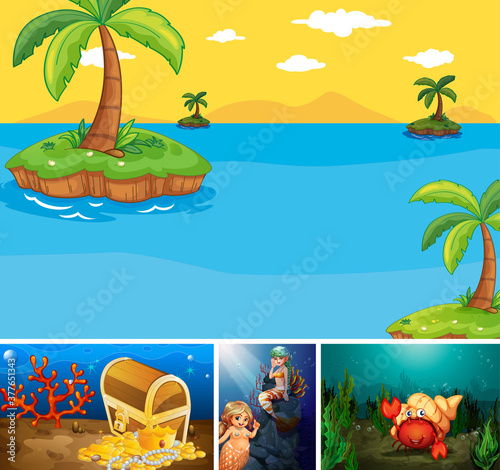 Four different scene of tropical beach and underwater with sea creater cartoo...