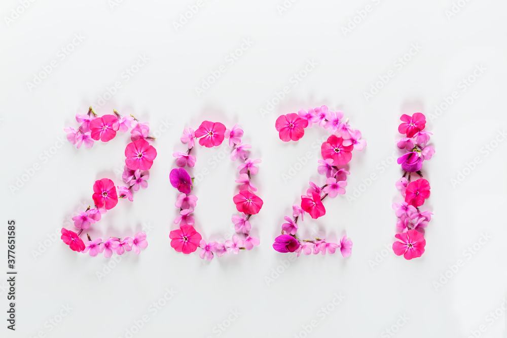 Number 2021 from pink flowers on a white background. New Year concept. Number 2021 from pink flowers on a white background. New Year concept.