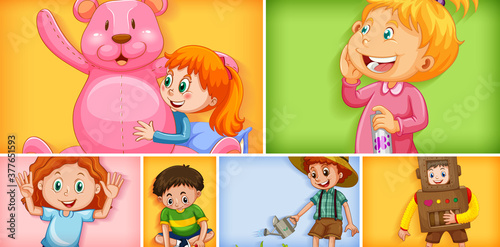 Set of different kid characters on different color background