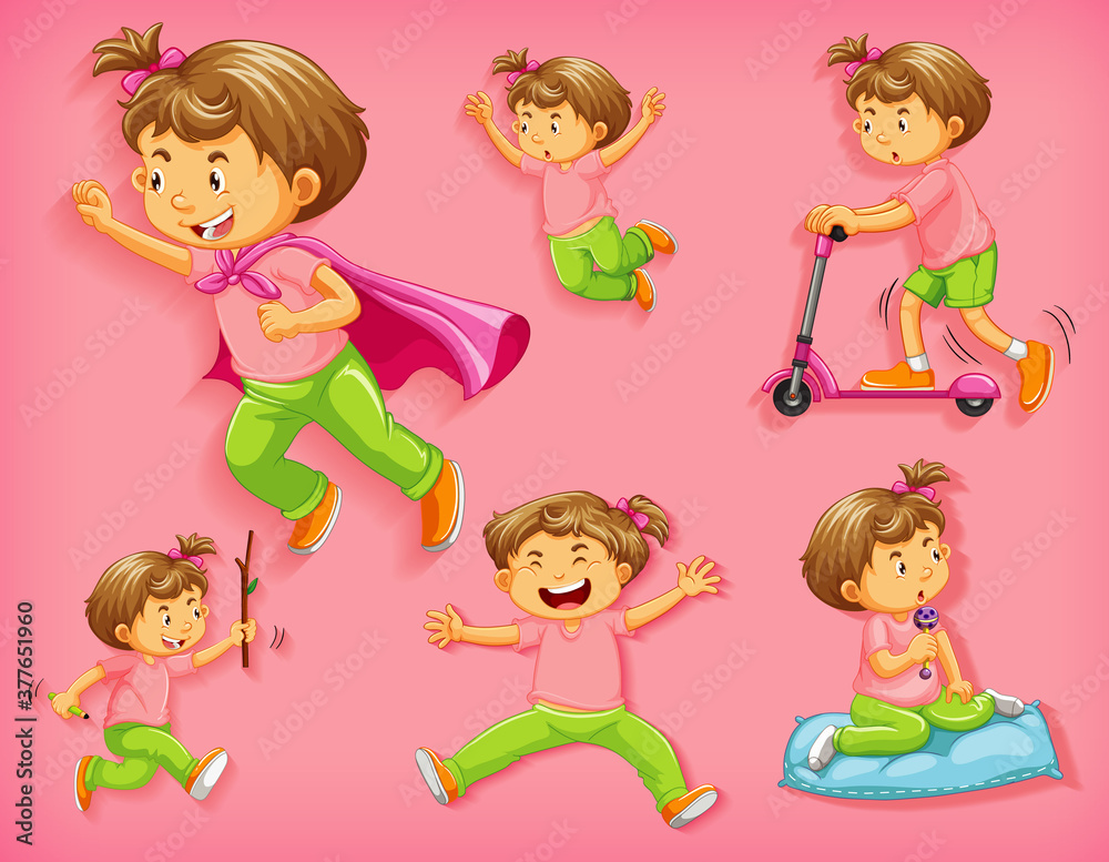 Set of cute boy with different positions isolated on pink background Set of cute boy with different positions isolated on pink background