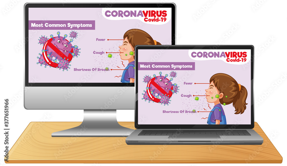 Computer with covid-19 information on screen desktop Computer with covid-19 information on screen desktop