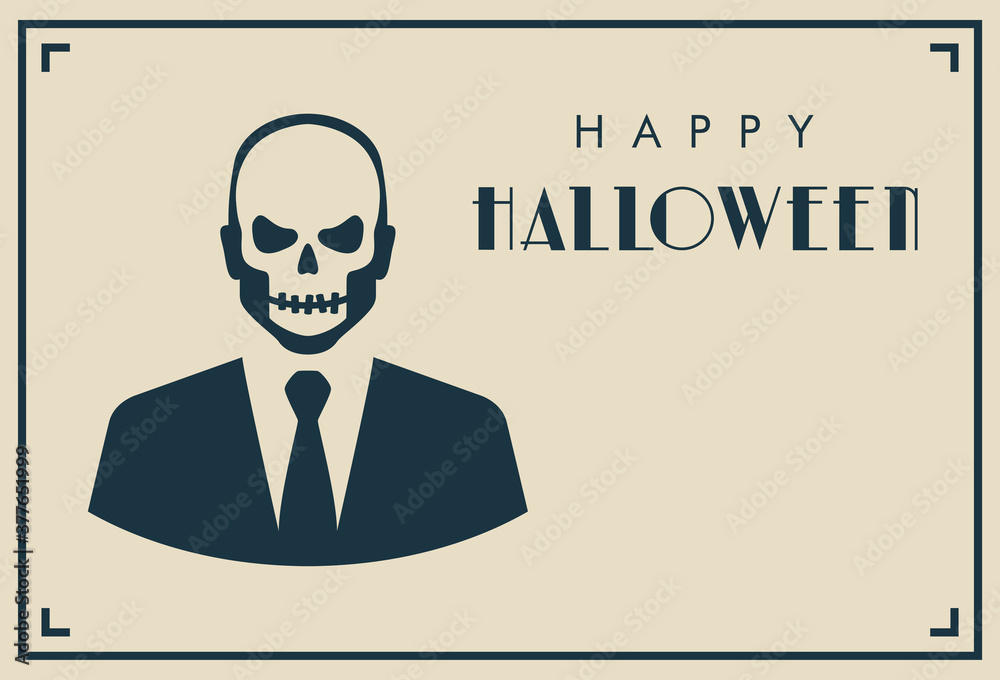 Feliz Halloween. Día de los muertos. Disfraz de zombi. Tarjeta de invitación con esqueleto con traje y tipografía en fondo gris Feliz Halloween. Día de los muertos. Disfraz de zombi. Tarjeta de invitación con esqueleto con traje y tipografía en fondo gris