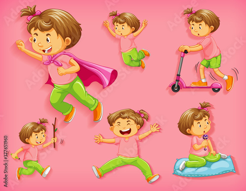 Set of cute boy with different positions isolated on pink background