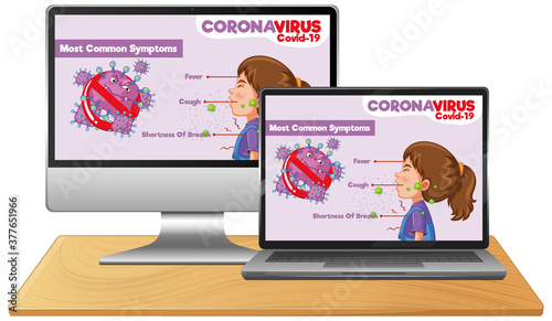 Computer with covid-19 information on screen desktop