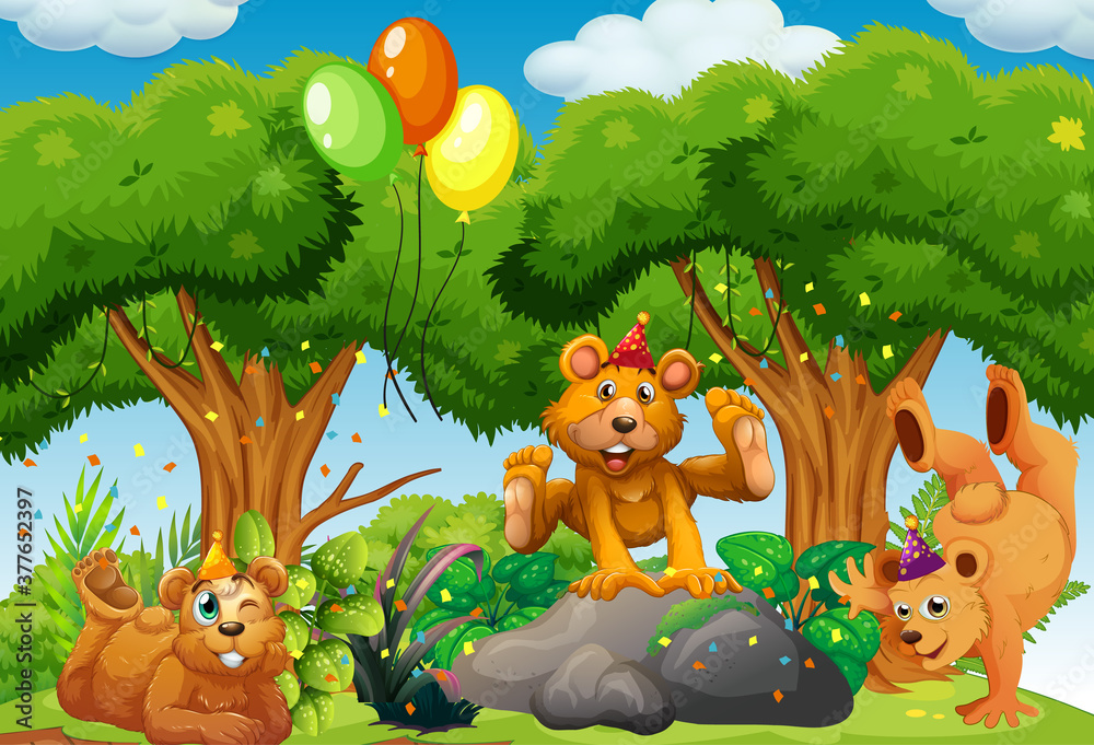 Fototapeta premium Many bears in party theme in nature forest background