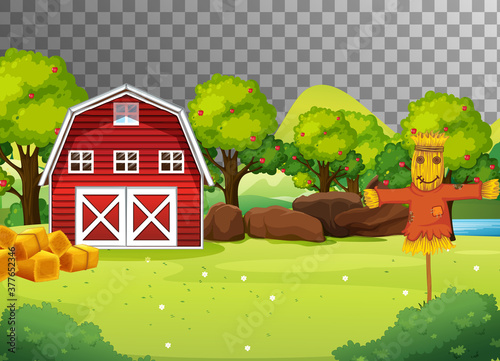 Farm with red barn and scarecrow on transparent background
