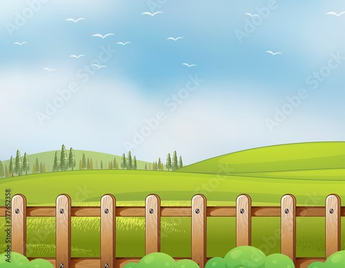 Farm in nature scene with blank bright blue sky