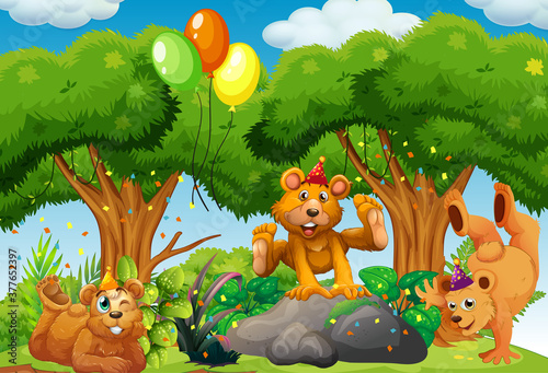 Many bears in party theme in nature forest background