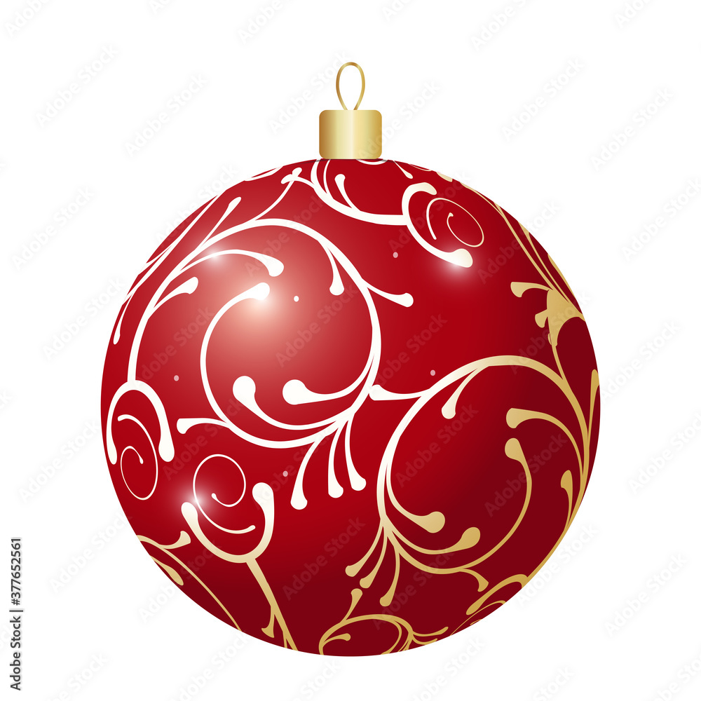 Red shiny christmas ball on a white background. Golden ornament. Vector illustration. Red shiny christmas ball on a white background. Golden ornament. Vector illustration.
