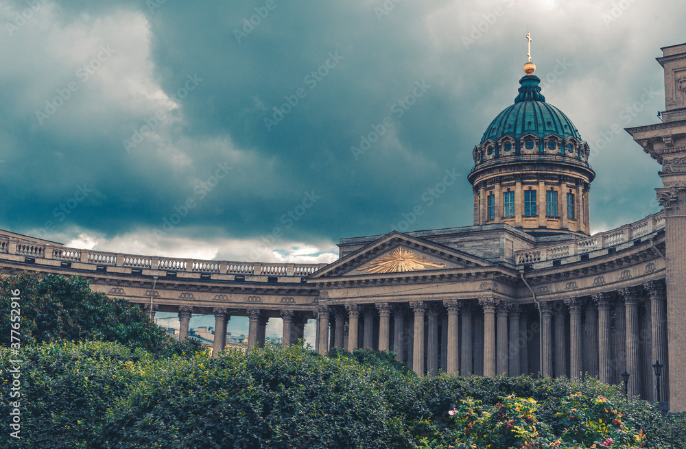  Kazan Cathedral in St. Petersburg against the sky with clouds
