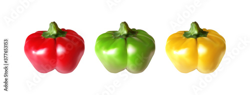 Vector set of colored red, green and yellow peppers. Realistic 3D paprika isolated on white background.