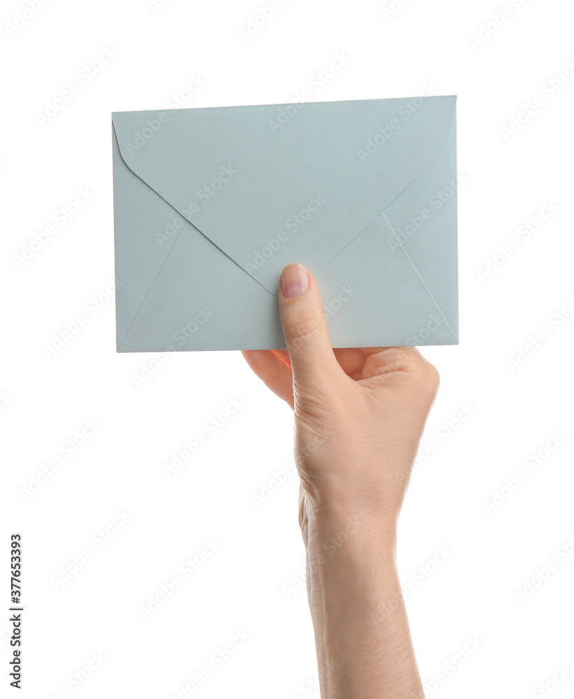 Woman holding paper envelope on white background, closeup Woman holding paper envelope on white background, closeup