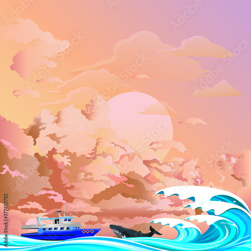 Tourism whale watching boat at sea set against a dawn or dusk pink sky
