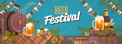 beer festival Oktoberfest party celebration concept lettering greeting card horizontal vector illustration