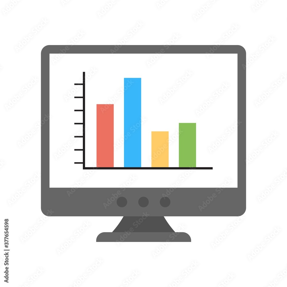 PC monitor with business graph on the screen icon. Business statistics, analytics sign. PC monitor with business graph on the screen icon. Business statistics, analytics sign.