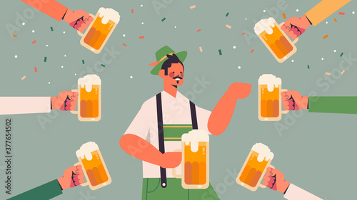 hands around man holding beer mugs Oktoberfest party celebration concept guy wearing german traditional clothes portrait horizontal vector illustration