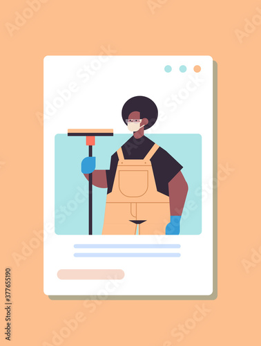 male janitor holding shower wiper squeegee labor day concept cleaner in mask wiping glass in web browser window self isolation concept portrait vertical vector illustration