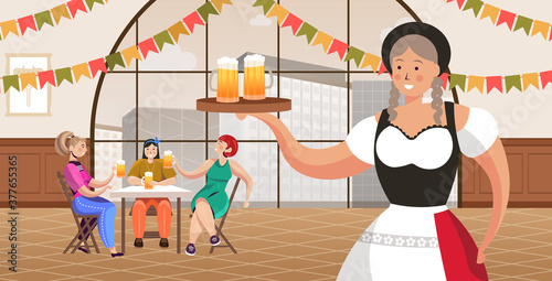 waitress serving beer in bar Oktoberfest party celebration concept friends sitting at table having fun horizontal vector illustration