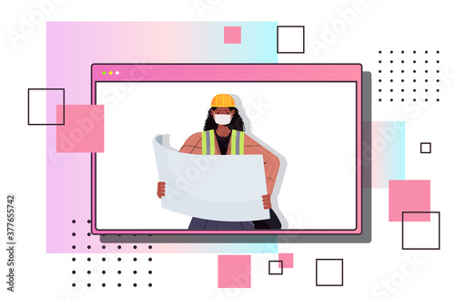 female engineer architect with blueprint wearing mask to prevent coronavirus pandemic self isolation online communication concept web browser window horizontal portrait vector illustration