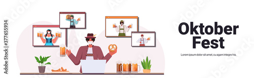 man in mask drinking beer discussing with mix race friends during video call Oktoberfest party celebration coronavirus quarantine self isolation copy space horizontal vector illustration
