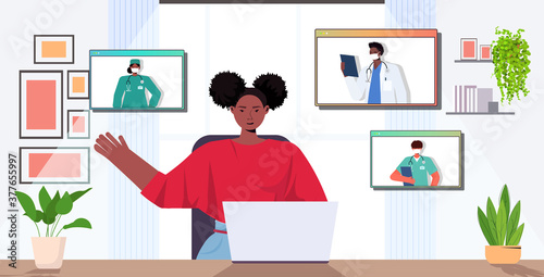 woman patient discussing with mix race doctors in web browser windows online medical consultation coronavirus quarantine self isolation concept portrait horizontal vector illustration
