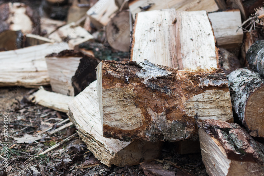 A pile of stacked firewood, prepared for heating the house. Gathering fire wood for winter or bonfire. A pile of stacked firewood, prepared for heating the house. Gathering fire wood for winter or bonfire.