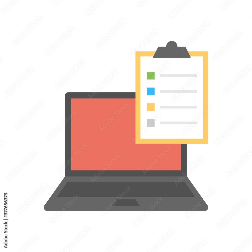 Laptop with checklist or clipboard icon illustration. Online survey icon. Laptop with checklist or clipboard icon illustration. Online survey icon.