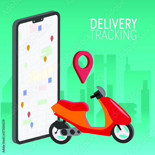 Online Delivery Service Web Banner Template. Scooter Delivering . Smartphone with mobile app map for delivery dracking. Smart logistic concept. Modern vector illustration on city background.
