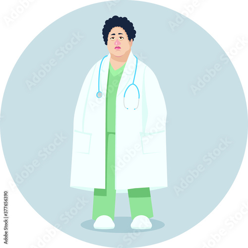 Funny cartoon female doctor or nurse with her hands in pockets in medical gown. Fun cartoon modern vector illustration.