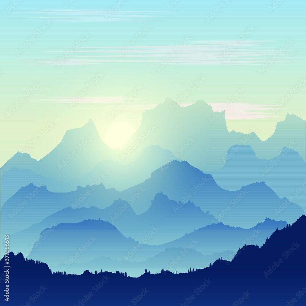 Vector illustration of beautiful dark blue mountain landscape with fog and forest. Sunrise. View of the mountain landscape with fog and rising sun. Postcard or banner design.